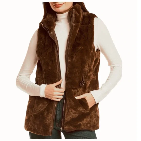 Catherine Malandrino brown faux fur vest features - Picture 2 of 14